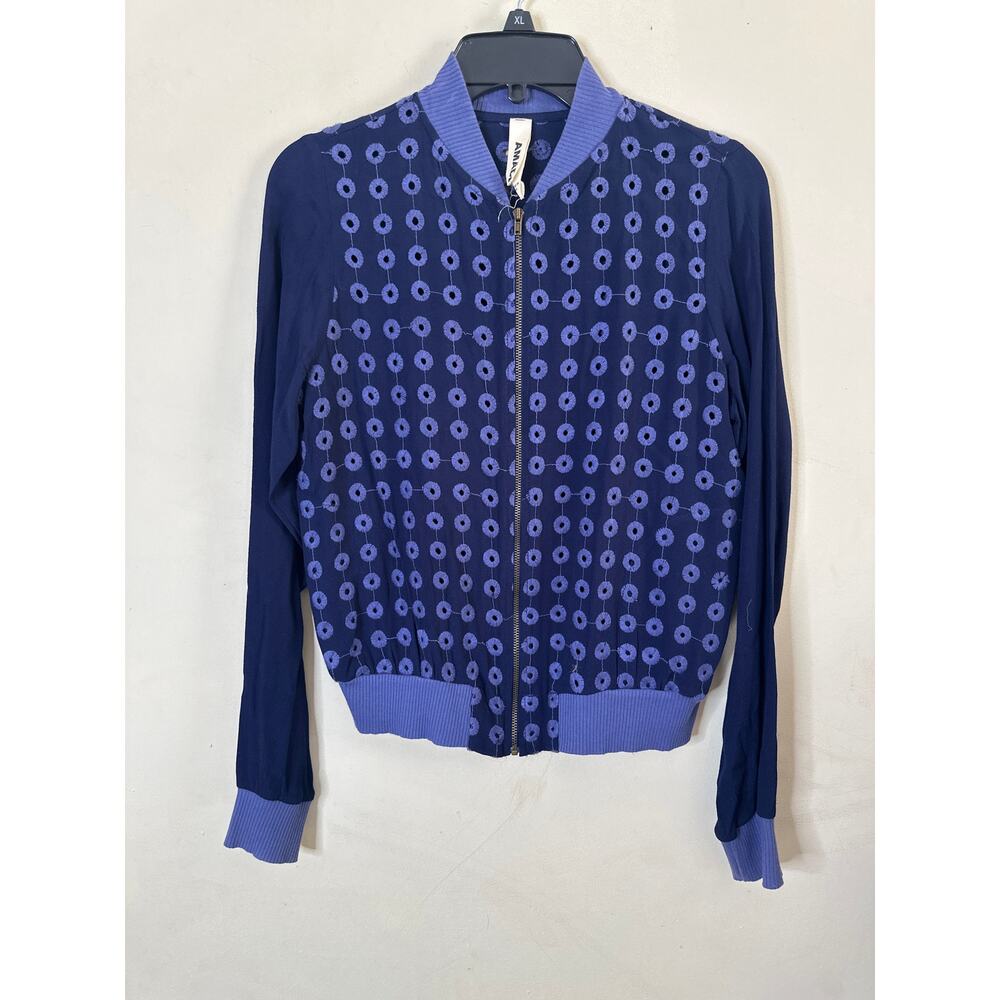 Anthropologie Amadi Jacket Women's S Blue Bomber Jacket Crepe Embroidery c2